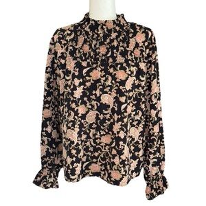 THML Black & Coral Floral Paisley Print Smocked Ruffle Blouse - M